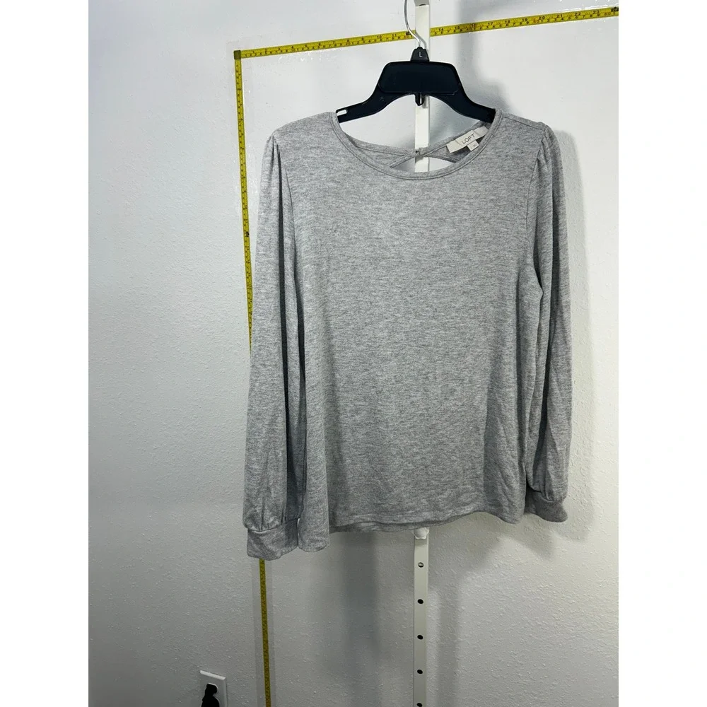 LOFT Womens Heather Gray Long Sleeve Cutout Back‎ Knit Top Size L Puff Shoulder